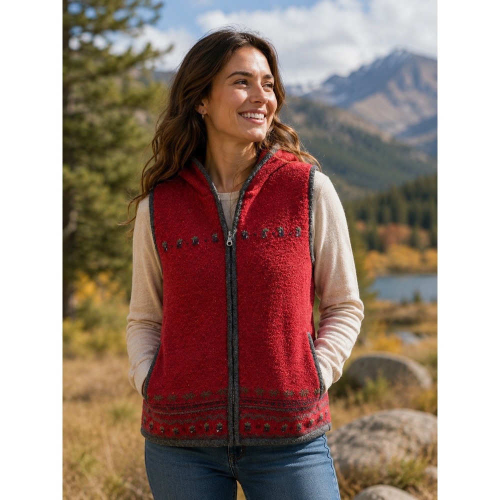 Woolrich Vintage Women's Lambswool Blend Hooded Zip Up Sweater Vest Red Large
